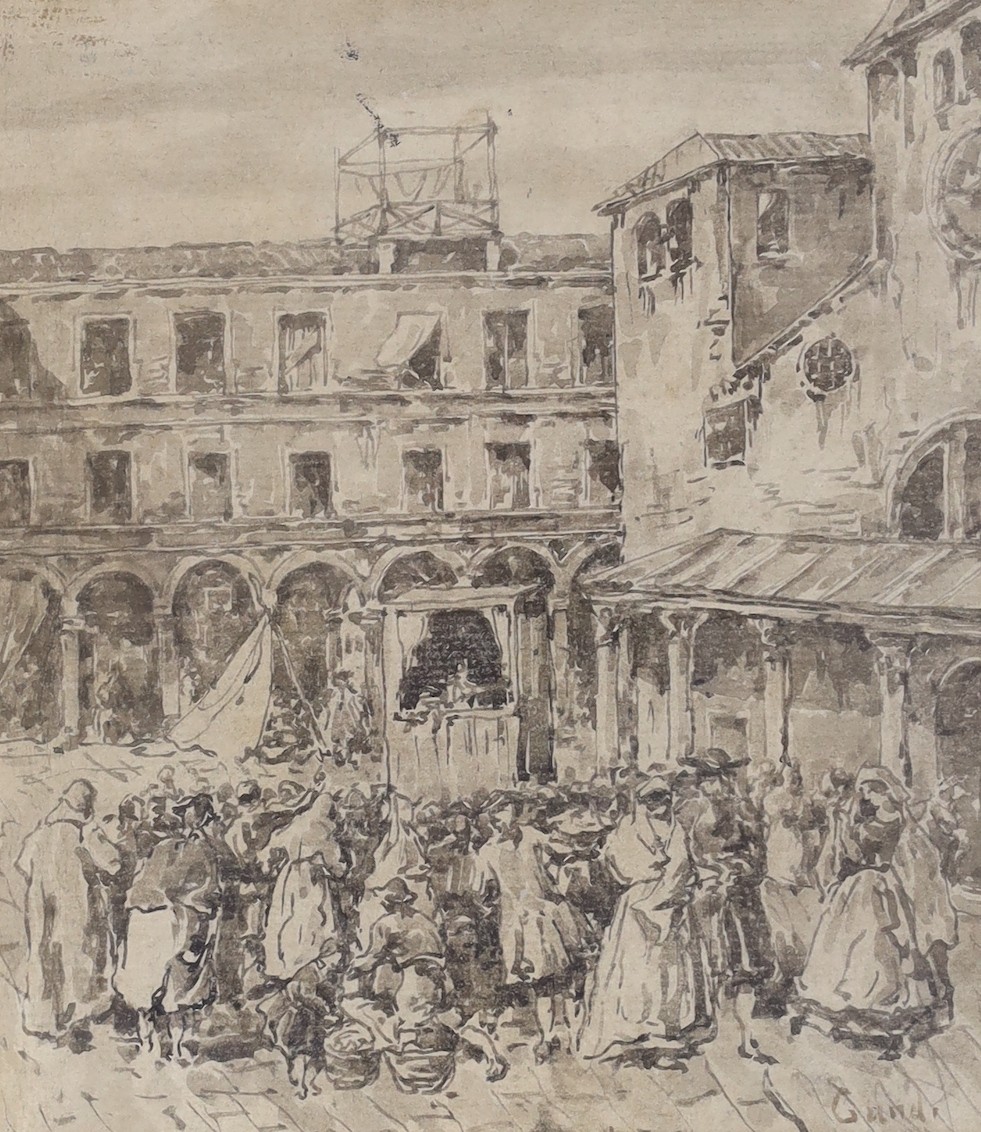 Luigi Giacomo Gandi (Italian, 1846-1932), monochrome watercolour, Figures watching a Punch and Judy show in an Italian town square, signed, 21.5 x 19cm